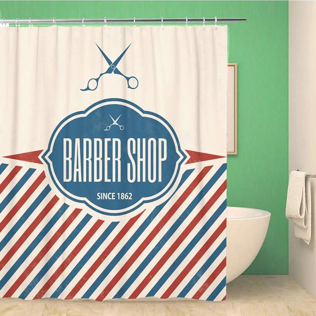 Barbershop Fabric Shower Curtain Set Barber With Tartan Vintage Badge Beard Cut Gentleman Graphic Grooming Screen Bathroom Decor