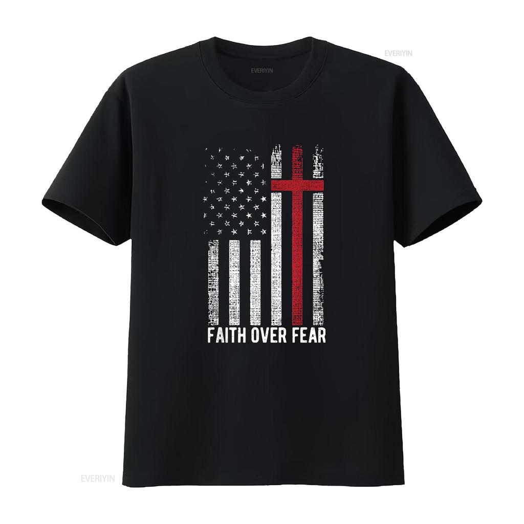 Womens Faith Over Fear American Usa Flag Christian Cross Jesus T Shirt Black 2XL vintage Washed Casual Top For Everyday Wear