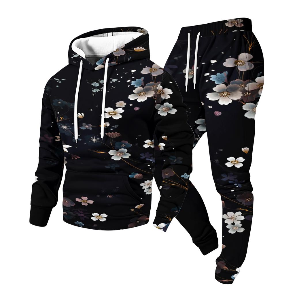 Men's Casual Christmas Print Hoodie and Straight-Leg Sweatpants Two-Piece Set for Holiday Celebration