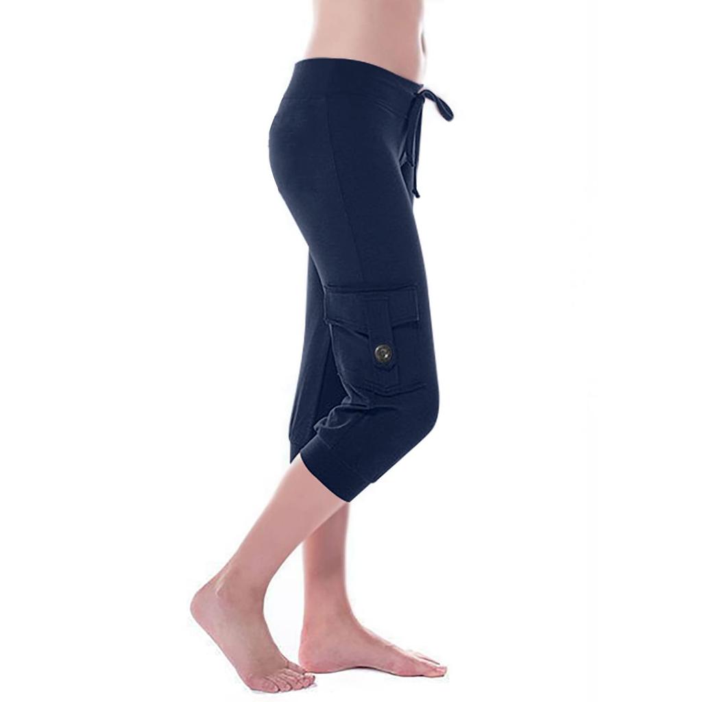Women's Stretch Waist Button Side Pocket Yoga Cropped Pants
