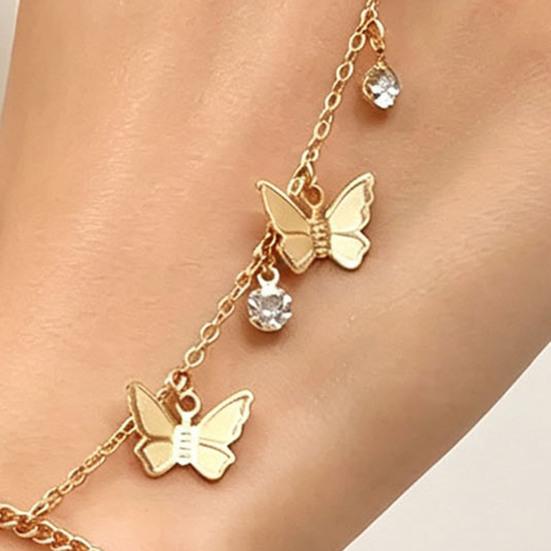 Gold Tone Jewelry for Women Golden Hand Chain Bracelet Women, Metal Butterfly Tassel with Ring Finger Ring, Harness Polished Alloy