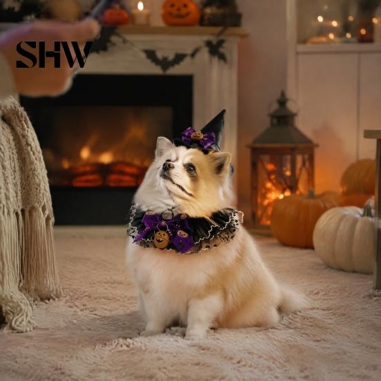 Halloween Costume for Small Pets 1 Set Cat Costume, Wizard Hat And Lace Bandana, Ruffled Bib Dog with Bow Bell, Holiday Party Outfit Dogs, Cats