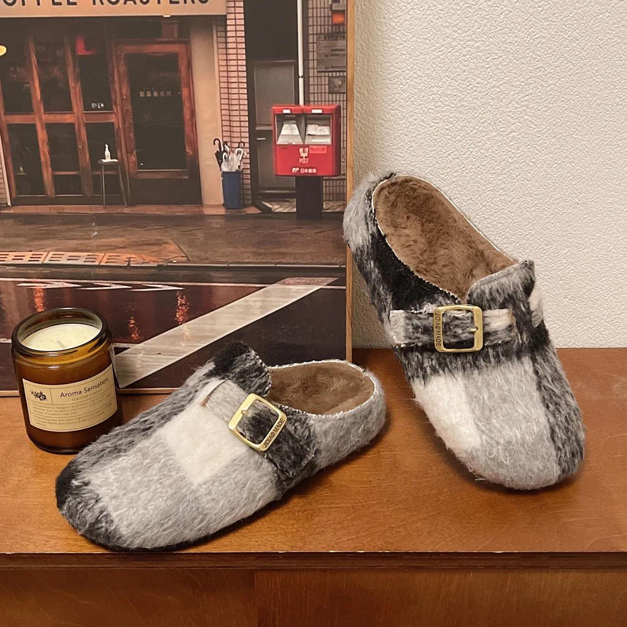 

Fashion Women Fur Suede Flats Slippers Platform Mules New 2025 Winter Short Plush Cotton Shoes Trend Casual Warm Slides Zapatos De Mujer 35 чёрный