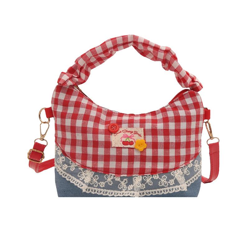 Korean Sweet Small Fresh Messenger Bag Women's 2025 Summer New Retro Red and Blue Contrasting Color Plaid Handbag Bag