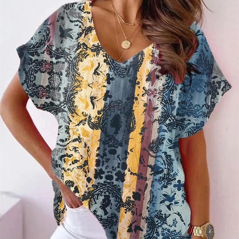 

2023 Летняя женская футболка большого размера свободного покроя с принтом и короткими рукавами с V-образным вырезом S