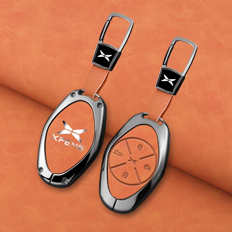 Interior Mouldings Alloy+Leather Car Key Fob Cover Case Shell For Xpeng Xiaopeng P7 P7i P5 G3 G3i G9 G6 22-23 Holder Interior Ke