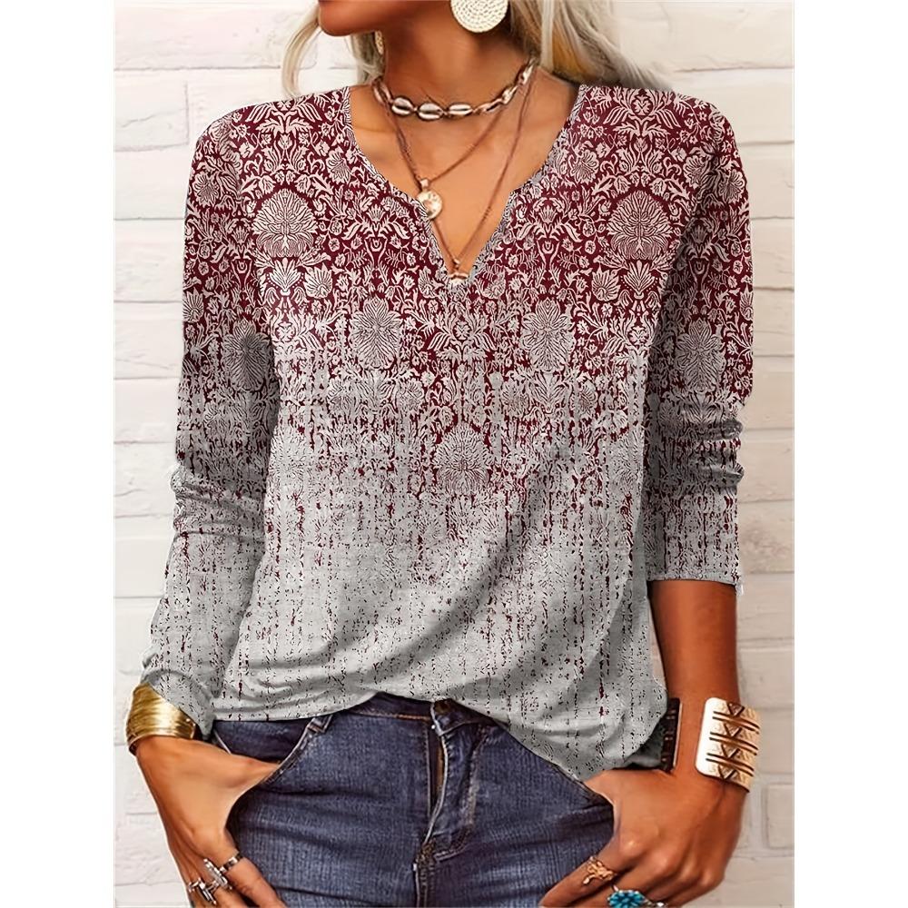 GMXIA Autumn Loose Long Sleeve Flower Bold V-neck T-shirt Base for Women