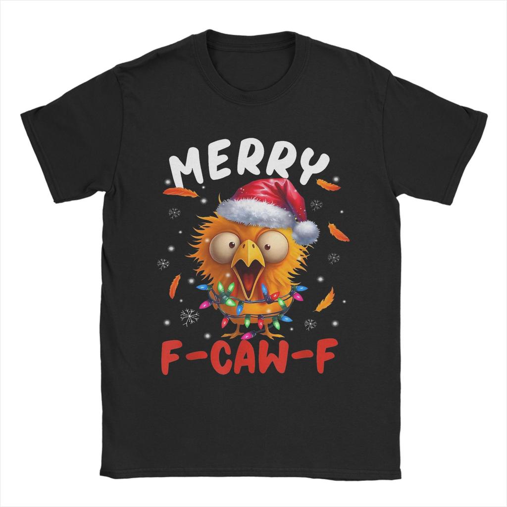 Merry F-Caw-F Christmas Chicken Xmas T-Shirts for Men Cool 100% Cotton Tee Shirt Round Neck Short Sleeve T Shirts
