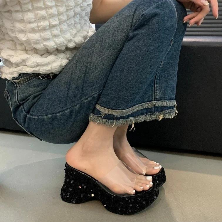 Fashion Slippers Women Summer High-Heeled Shoes Lady Slides Platform On A Wedge Pink Transparent Scandals Pumps Transparent Slippers Wom