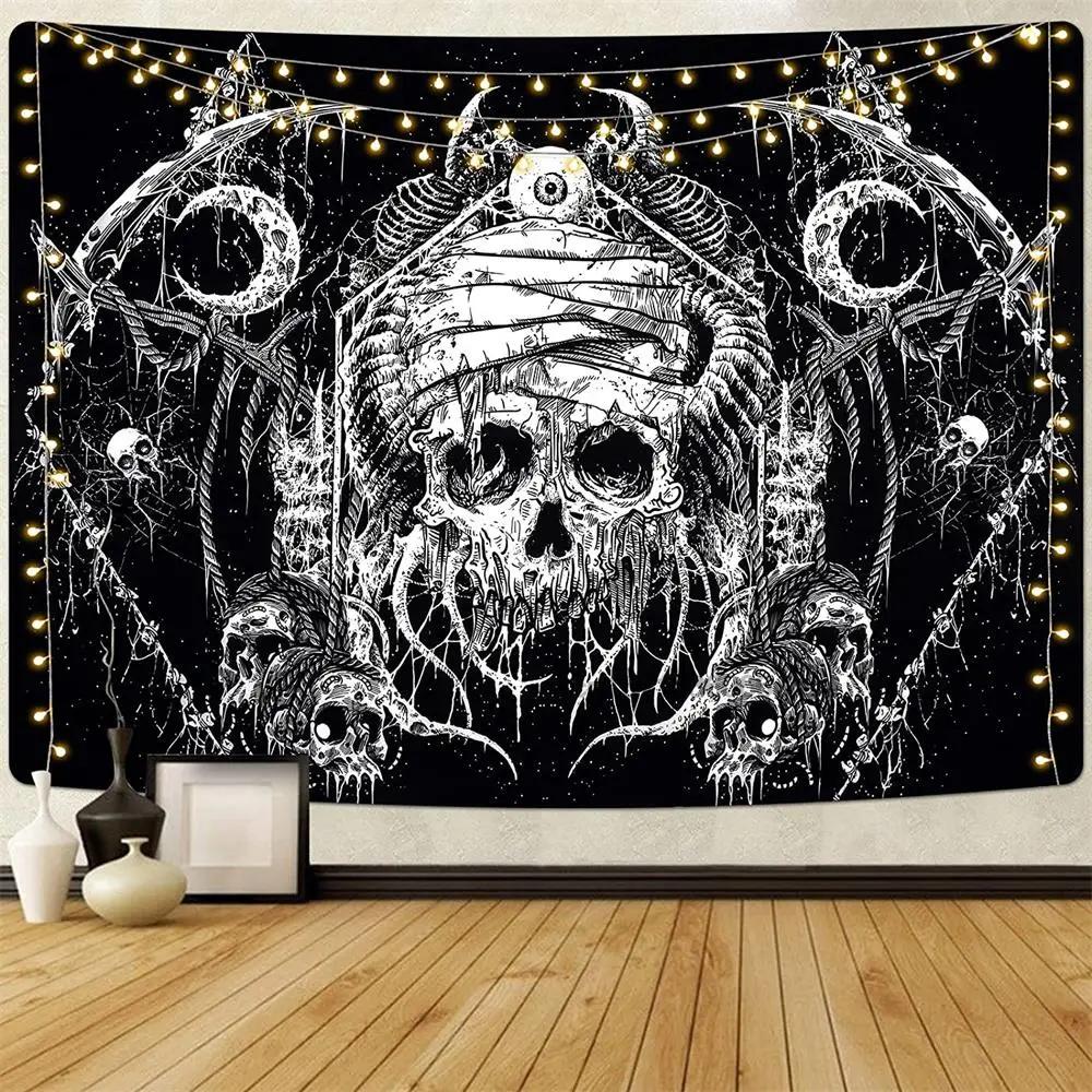 Black and White Wall Art Aesthetic Home Tapestry Gothic Skull  Psychedelic Hippie Mushroom