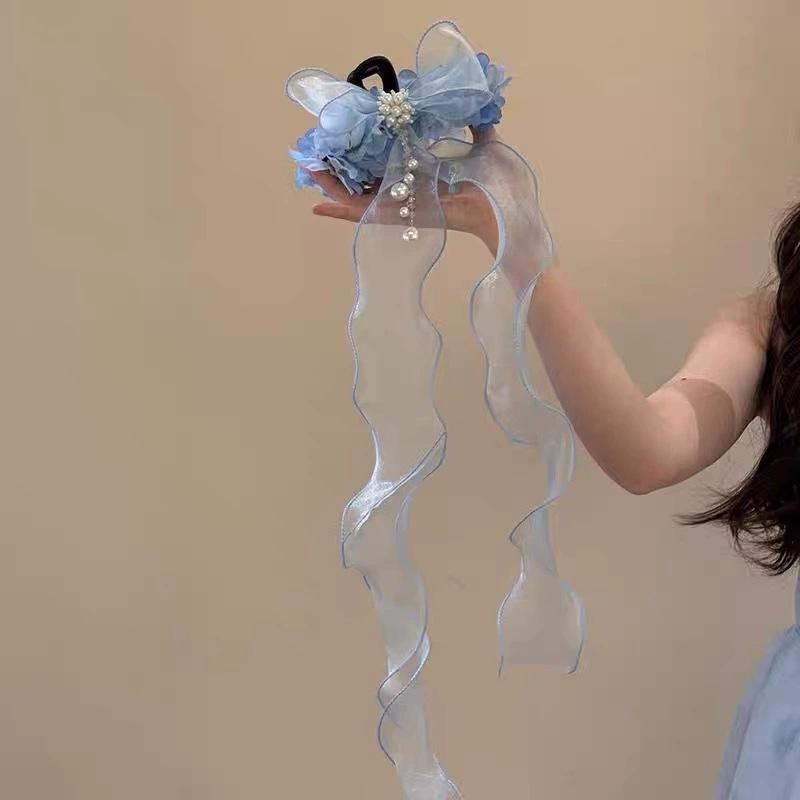 Blue Flower Bow Headband Clip Sweet and Luxurious Feeling Back of The Head Hair Bun Shark Clip Dreamy Hair Accessory