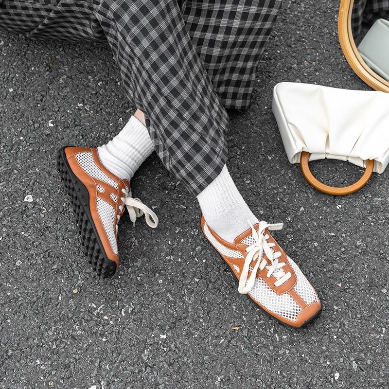 Retro leather mesh breathable women's new outer wear advanced sense casual versatile non-slip hollow single shoes women
