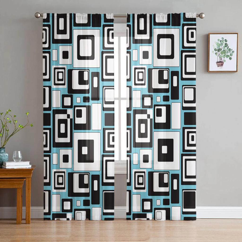 Black White Irregular Geometry Sheer Curtains for Living Room Decoration Tulle Voile Organza Window Curtains for Kitchen Bedroom