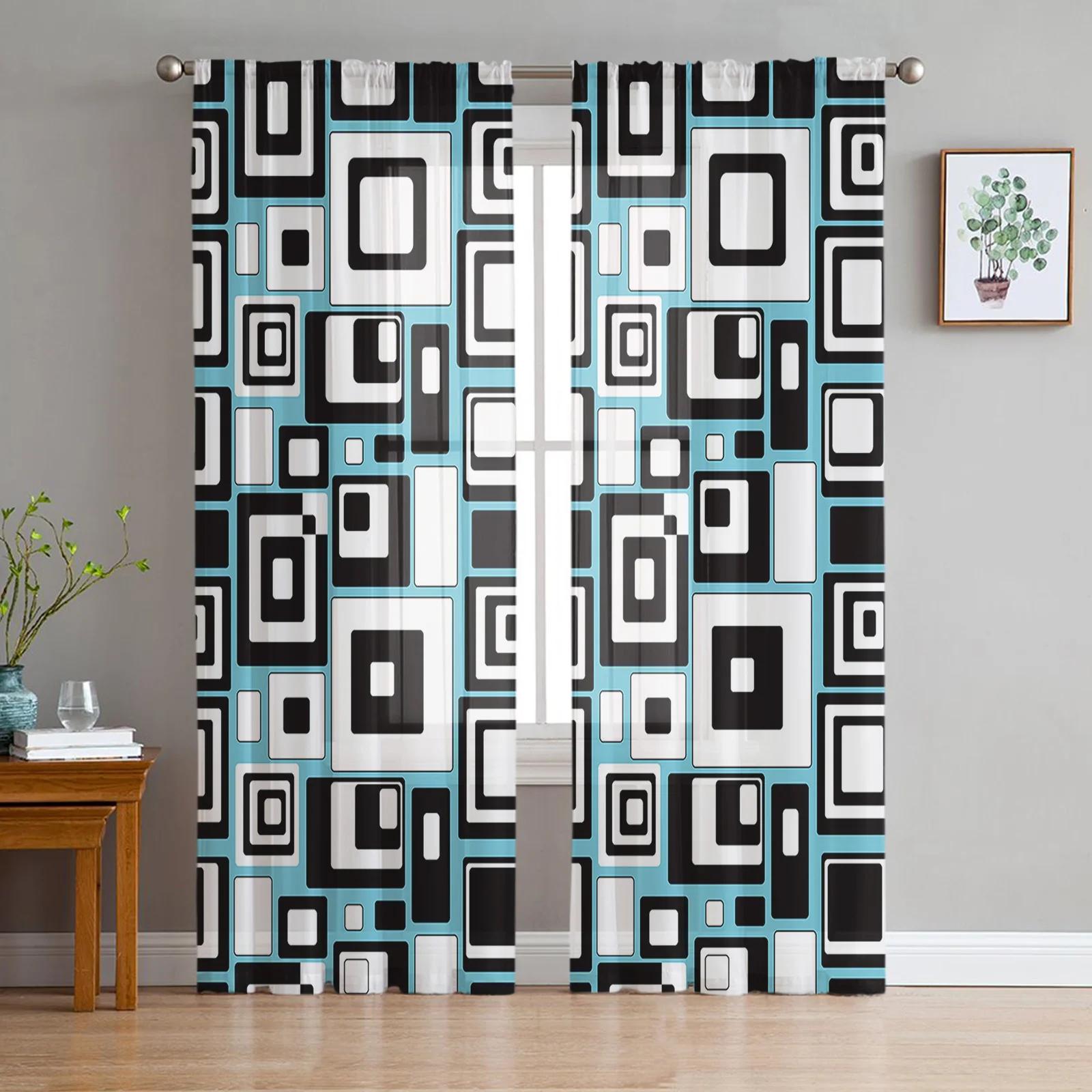 

Black Pure White Irregular Geometry Transparent Drapes for Living Room Decoration Soft Tulle Transparent Fabric Silk-like Fabric Window Drapes Ideal W135 x H115cm x1&Grommet Top
