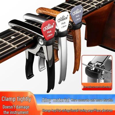 Gitarrenkapodaster & Stimmgerät: 4-in-1 Metall-Capo, Plektrumstanzer, Saitenschneider, Plektrum-Transposer
