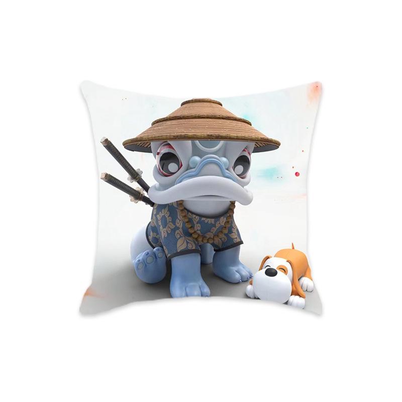 New Chinese Style Mythical Beast Lion Pillowcase - Festive Cartoon Home Decor Cushion for Sofa and Bed.