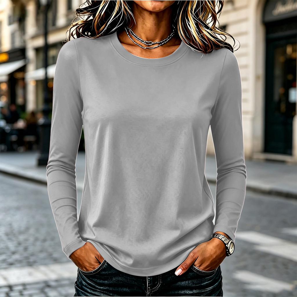 Women's Casual Long Sleeve Solid Color Crew Neck Shirt Lightweight Soft Fabric Relaxed Fit Everyday Wear