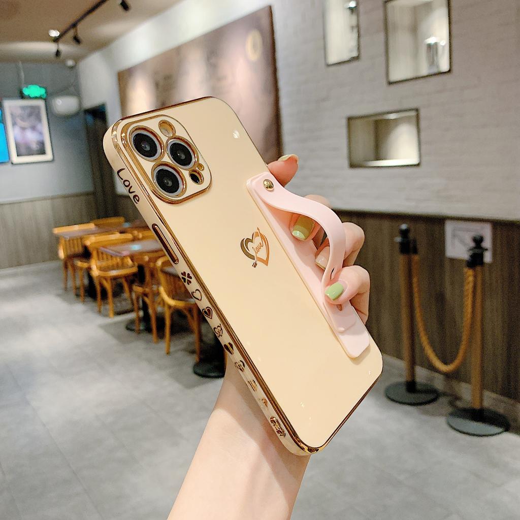Applicable To iPhone17 Mobile Phone Case New Electroplated 6D Straight Edge Side Love Wristband Bracket Apple 16 Protective Case
