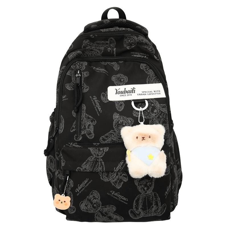 Большая вместимость школьного рюкзака для женщин Campus Bear Printed Backpack для студентов, компьютерный рюкзак чёрный