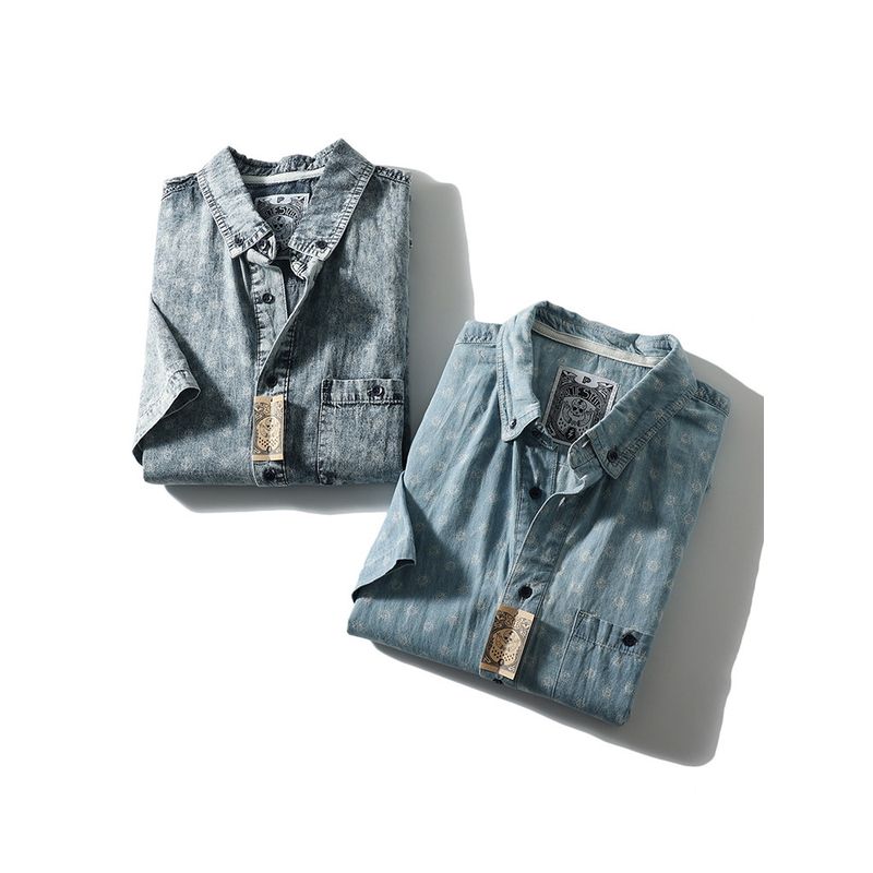 Foreign Trade Export To Domestic Sales American Vintage Pure Cotton Denim Shirts Men's Short Sleeve Summer Thin Men's Casual Shirt