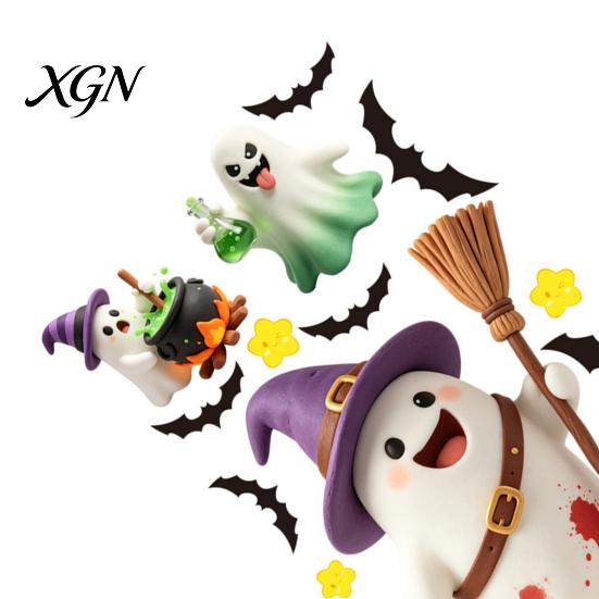 Transparent Window Murals 2Pcs Cute Ghost Halloween Static Stickers, PVC Waterproof Cartoon Pumpkin Bat And Decals Star Glass Decals, Reusable Clings