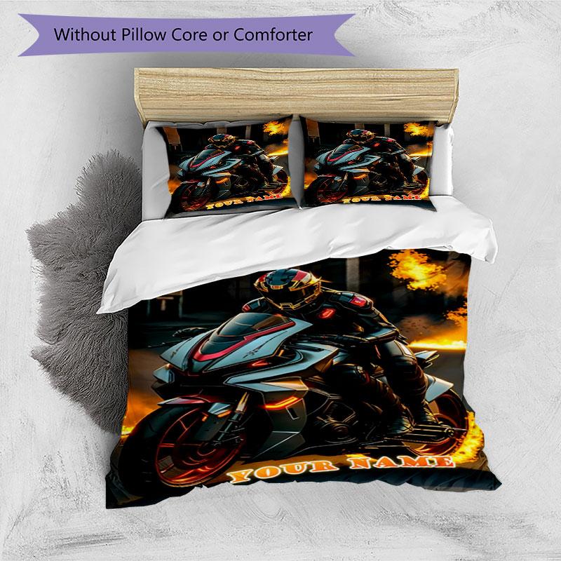 3pcs Custom Name "Rider Flames Motorcycle Speed" Bedding Set Printed Bedding Set Duvet Cover Closure Includes 1 Duvet Cover & 2 Pillowcases Bedroom De