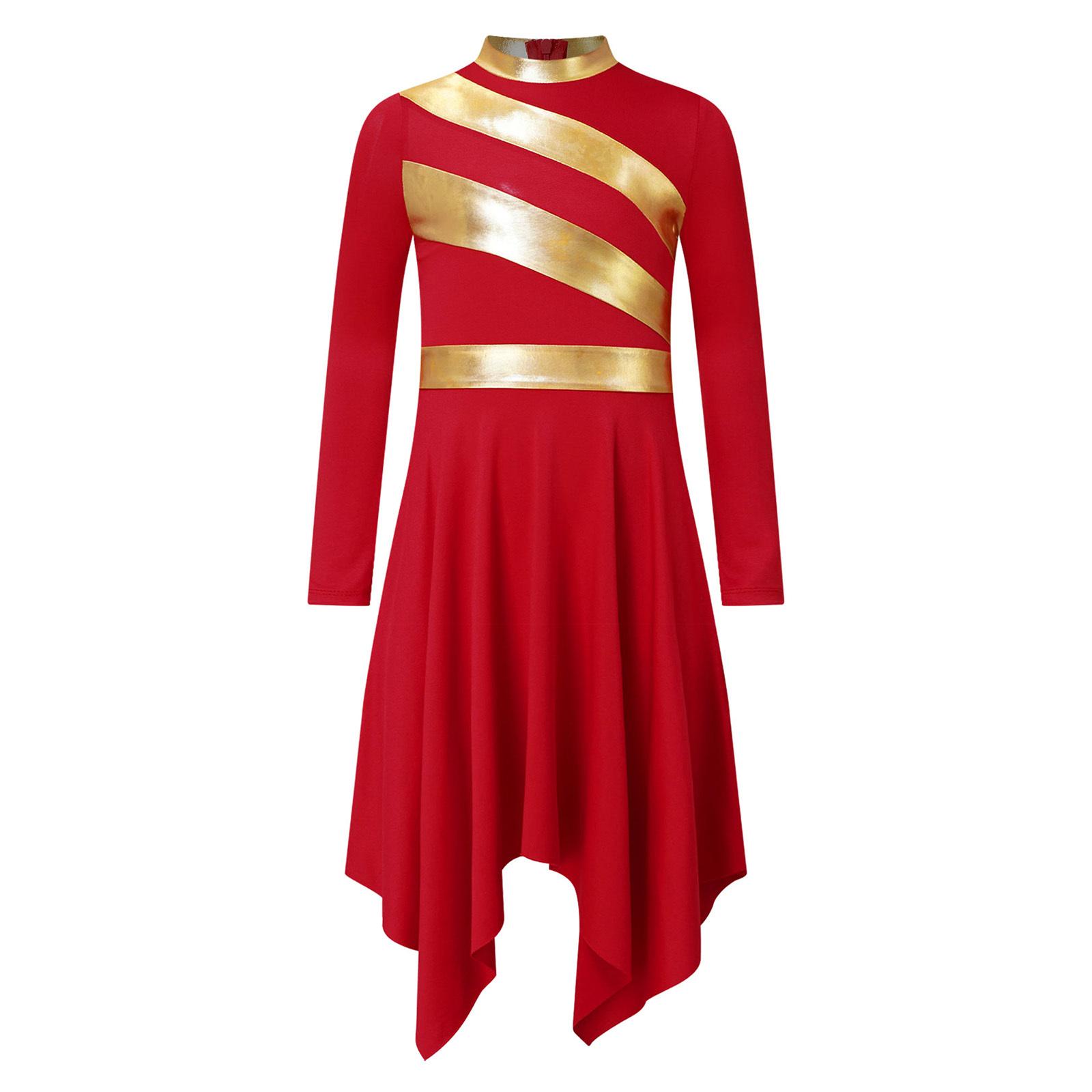 

Платье для танца хвалы и поклонения для девочек, контрастного цвета, с металлическими вставками, с воротником-стойкой, длинными рукавами, асимметричным подолом, сценическое платье 5-6 Years красный