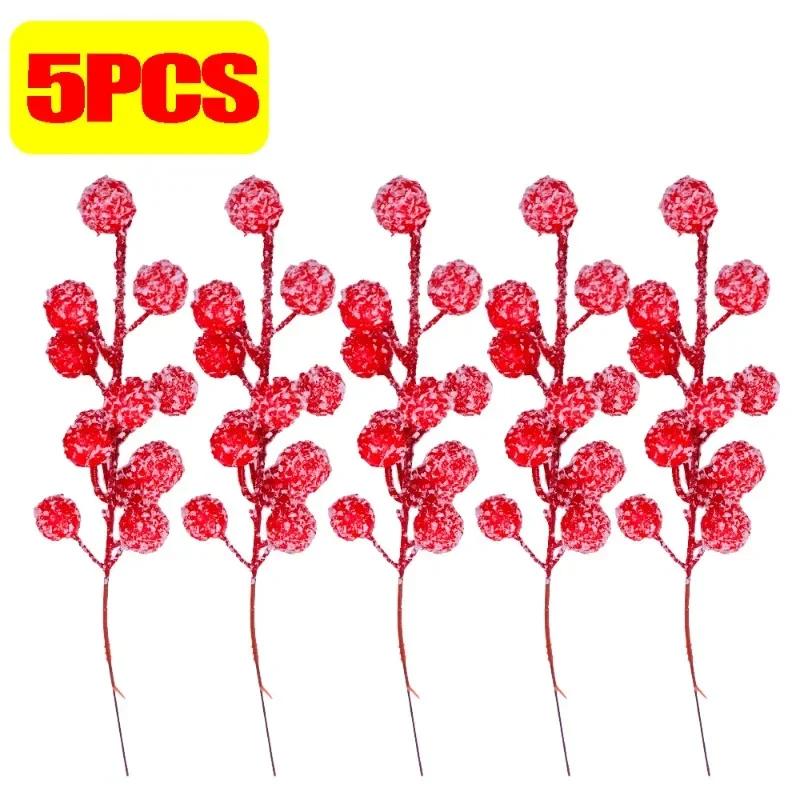 Artificial Holly Berry with Snowflake Glitter Stem Picks Christmas Tree Red Berries Picks Xmas Tree Ornament Wedding Party Decor