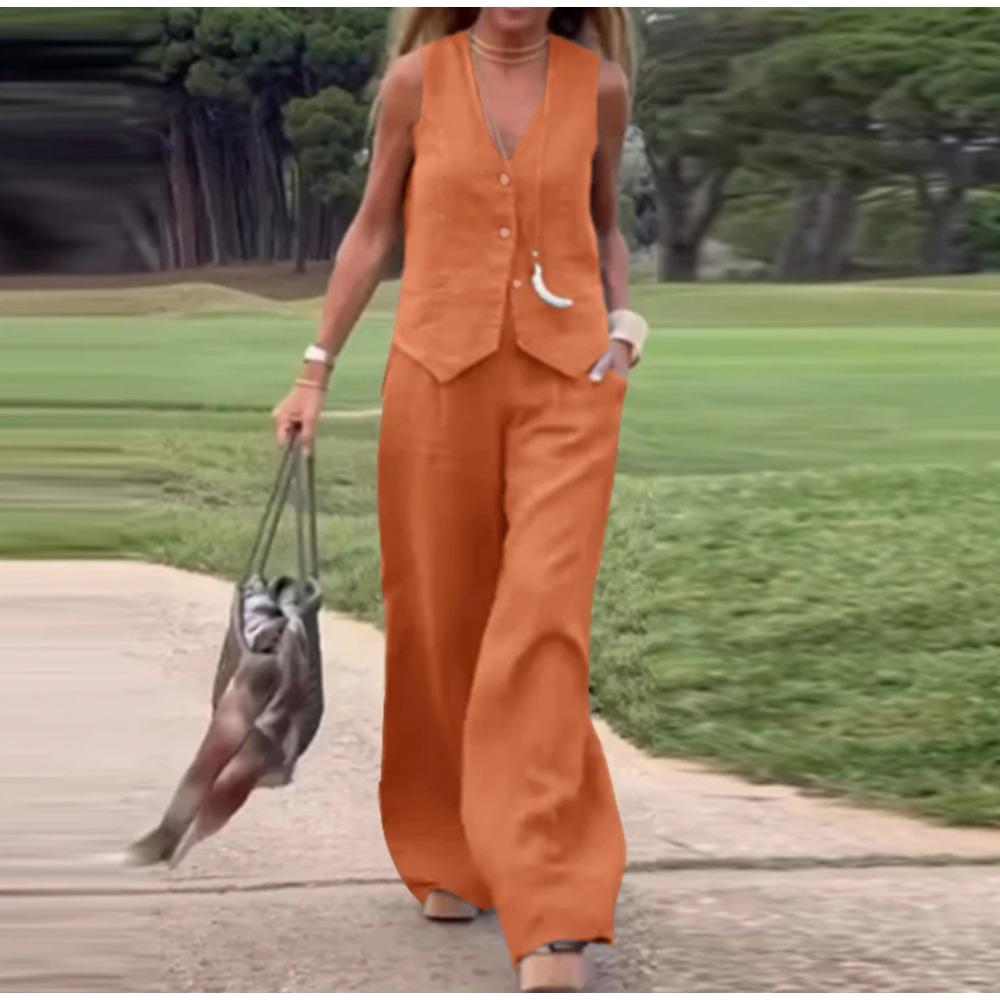 

GMXIA Повседневный и Модный Однотонный Комплект из Жилета и Длинных Брюк Коллаж и Пэчворк Комплект из двух предметов XXXL оранжевый