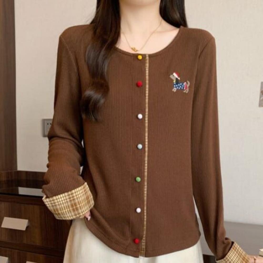 Navava Women S Ribbed Dog Embroidery Point Long Sleeve Knit Cardigan Nk3206