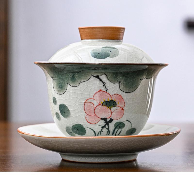 160ml Hand-painted Lotus Ceramic Tea Tureen Covered Bowl Handmade Porcelain Gaiwan Teacup Household Tea Bowl Chinese Teaware