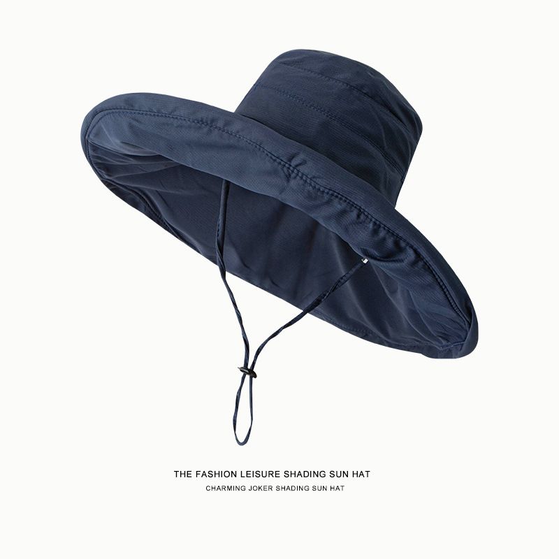 

New Arrival Big Brim Sun Protection Hat Female Summer Sun Hat UV Protection Thin Cover Face Beach Tide Fisherman Sun Hat Increase along the sun hat-navy blue All yards