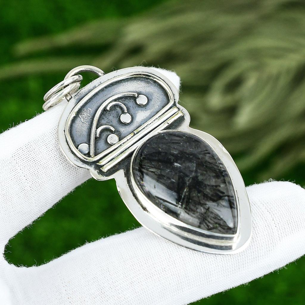 Sisters Day Deal Sterling Silver Black Rutile Stone Handcrafted Pendant Jewelry