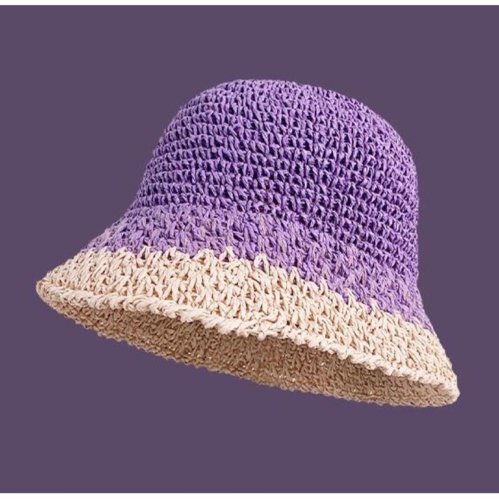 Purple Straw Hat for Women's Summer Outings Sun Protection and Shade Beach Fisherman Hat Color Blocked Grass Woven Basin Hat