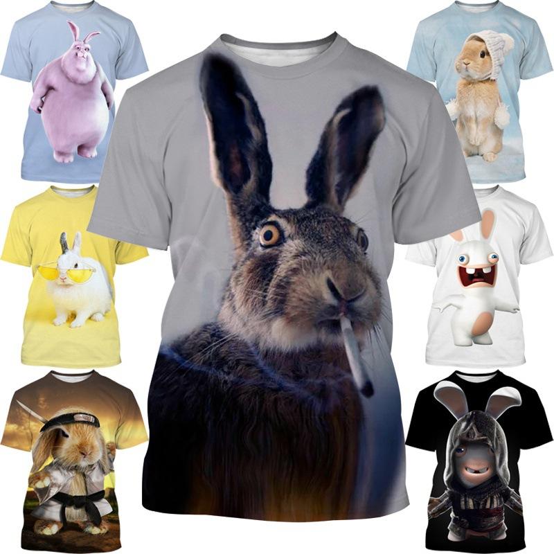 Rabbit 3D Printed Short Sleeved T-shirt Summer Breathable Polyester Simple Round Neck Top