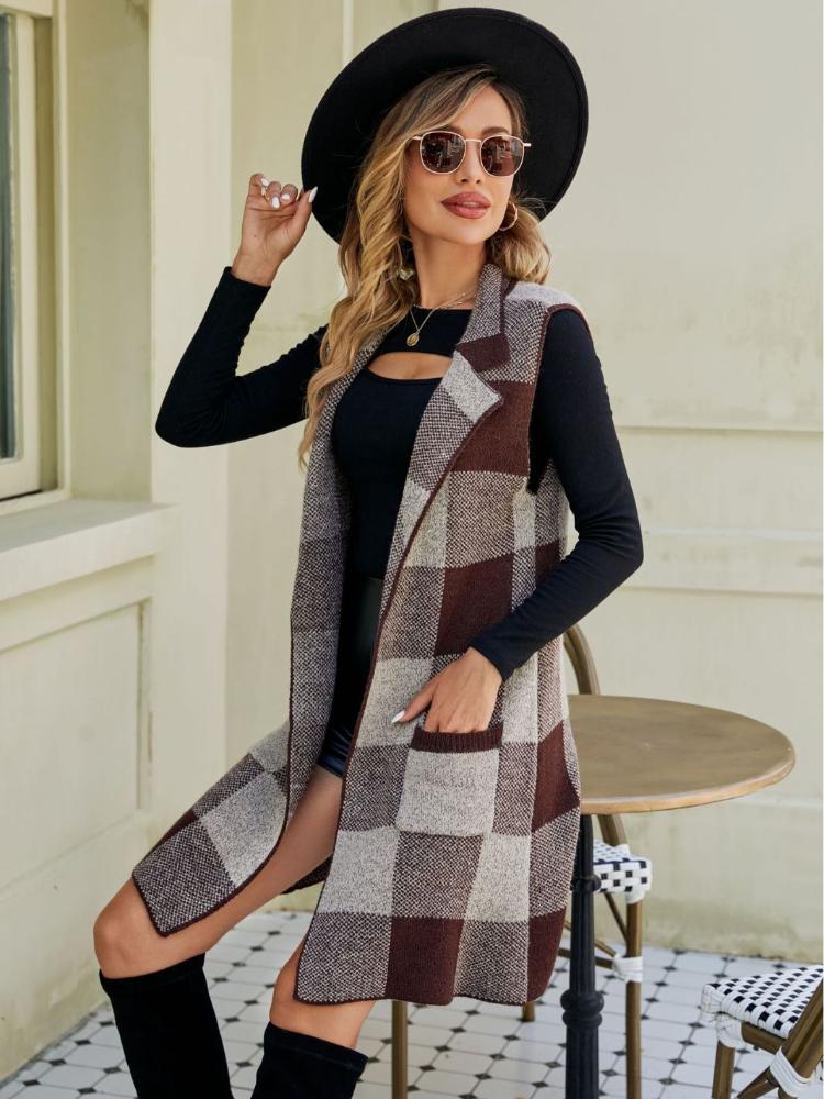 Women's Long Suit Collar, Sleeveless Sweater Jacket, Checkered Jacquard Knitted Vest, Outer Cardigan