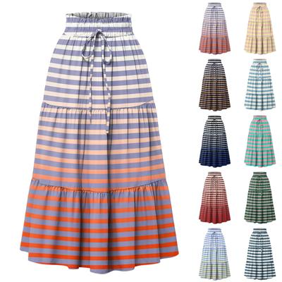 Ladies' Striped Printed Casual Elastic Waist Drawstring Skirt