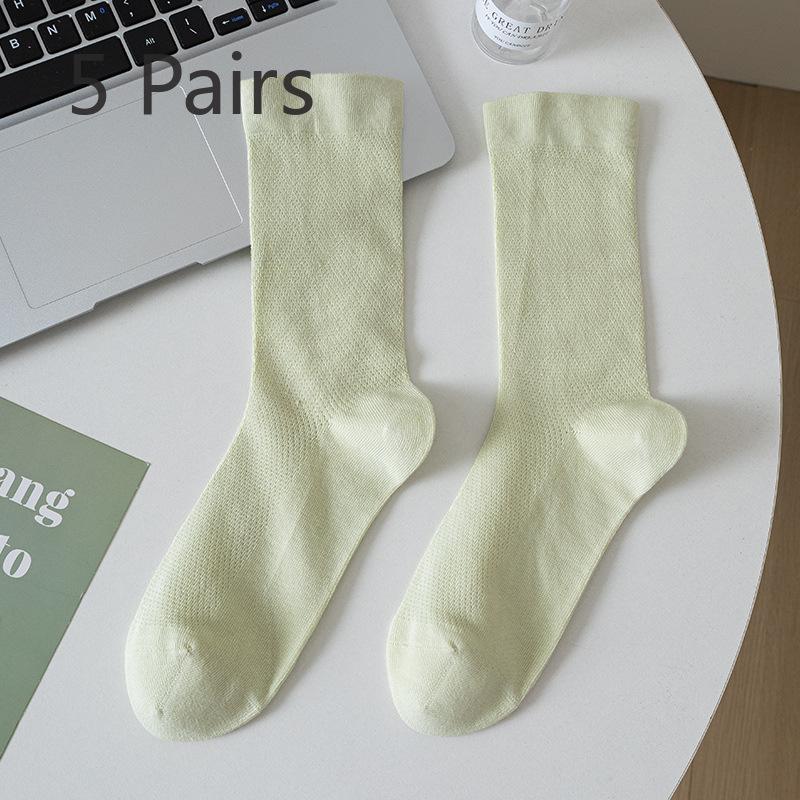 5 Pairs White Socks Women Summer Thin Cotton Mid-calf Socks Mesh Breathable Cool Feeling Fragrance Antibacterial Anti-odour Monthly Stockings