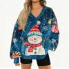 Women's Fashionable V-neck Christmas Printed Long Sleeved Casual Pullover Plush Warm Sweatshirt Top