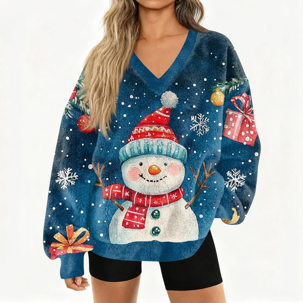 Women's Fashionable V-neck Christmas Printed Long Sleeved Casual Pullover Plush Warm Sweatshirt Top