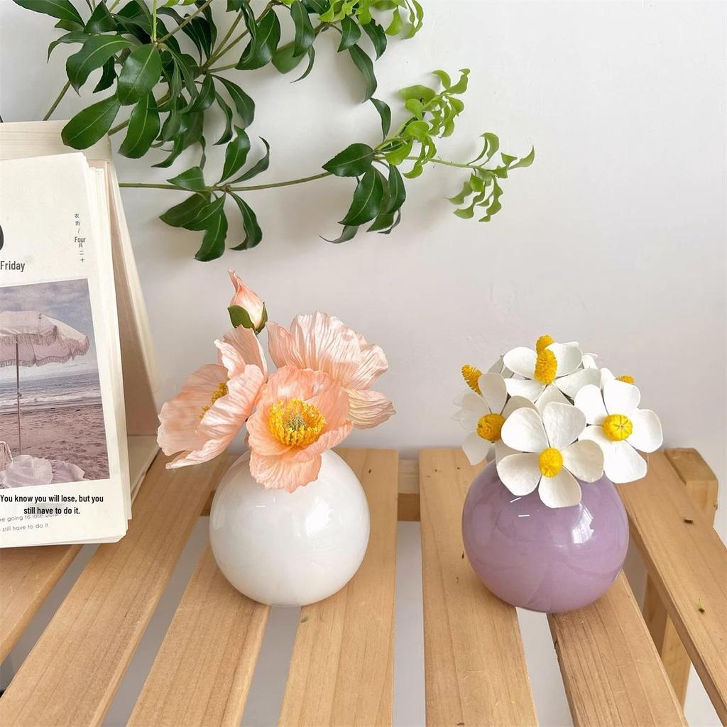 Stilvolles rundes Keramikvasen-Set mit künstlichen Trockenblumen für Schlafzimmer- und Wohnzimmerdekoration
