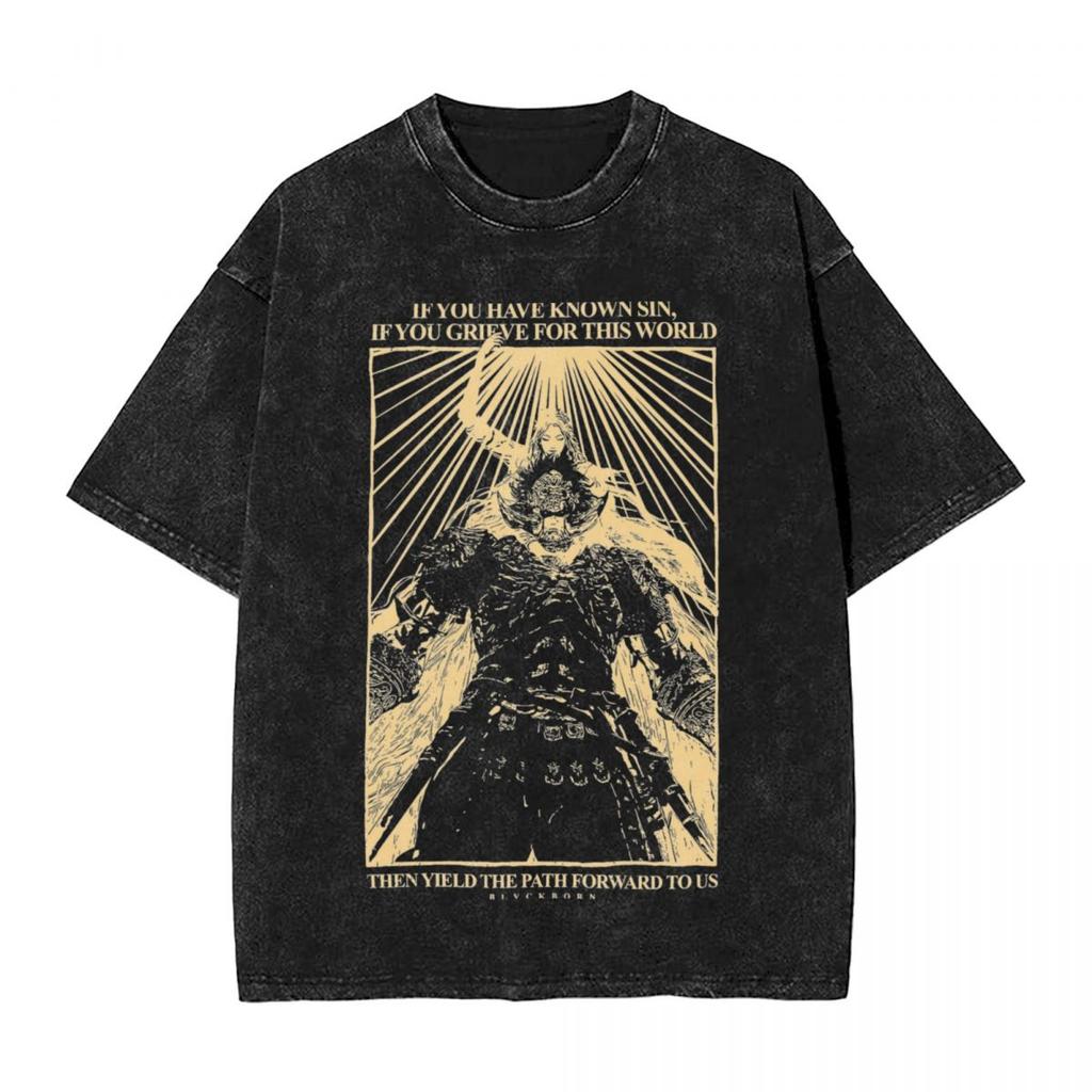 Vintage Washed T-Shirt Raya Lucaria Academy Cotton T Shirt E-Eldens Game R-Rings Leisure Tee Shirt Top