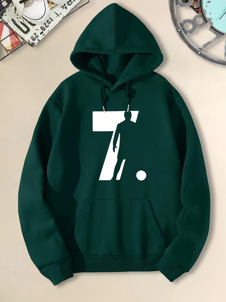 Autumn and Winter Men's Hoodie with Number 7 and Football Player Silhouette Print Men's Street Casual Sweatshirt Hooded Pullover