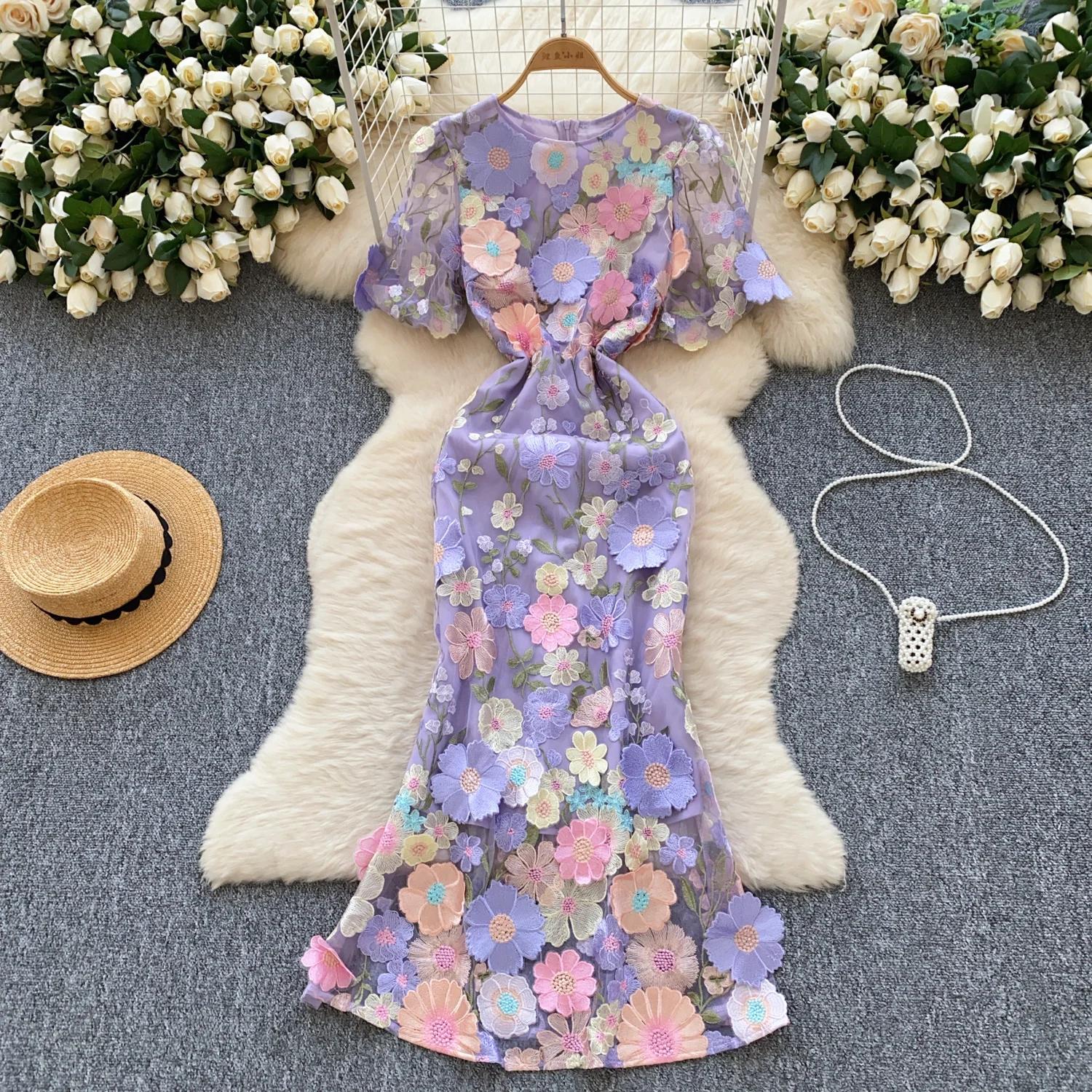 

Элегантное цветочное вышитое О-образное платье в стиле винтаж с коротким рукавом и фонариком, шикарное облегающее платье-русалка, французская вечерняя женская одежда для улицы XL фиолетовый