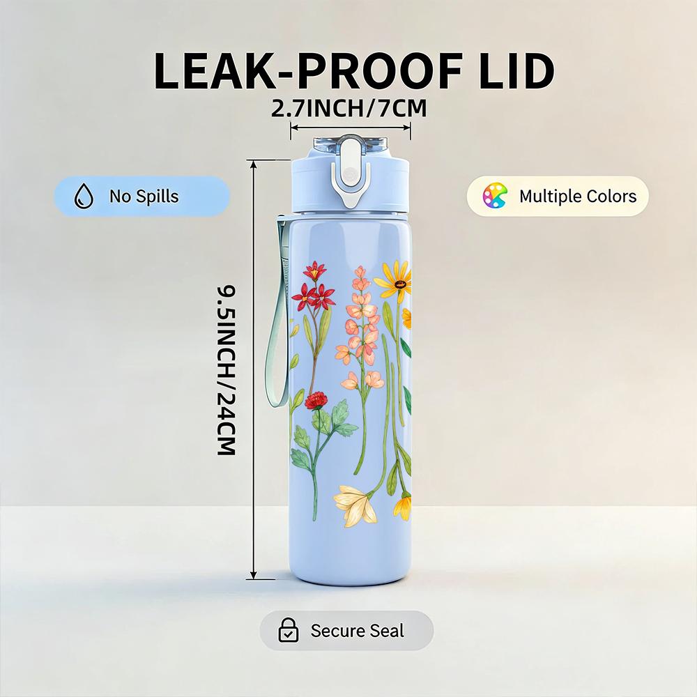 1PC Wildflower Meadow 750ml Color Plastic Sports Water Bottle Leakproof Flip Straw Lid Suitable for Sports Office Home Use