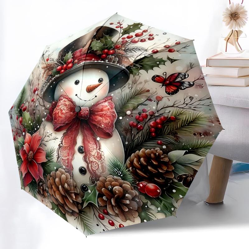1pc Christmas Snowman Automatic Practical Umbrella Design, Cute Cartoon Pattern, Portable Outdoor Umbrella, Perfect A022