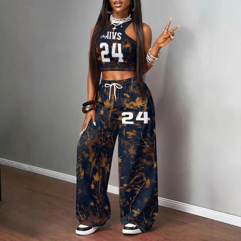 Trendige Marke Streetstyle Kontrastfarben Bedruckte Weste Weitbeinige Hosen Set Lässig Spice Girl Stil Dünnes Zweiteiler Set