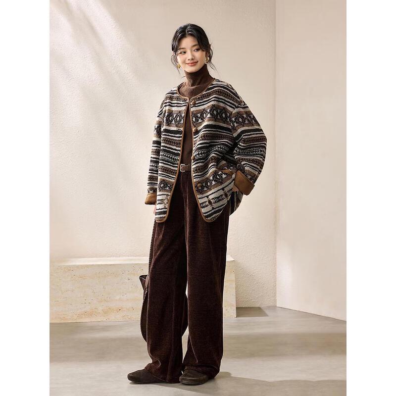 Women's Retro Fair Isle Jacquard Sherpa Fleece V-Neck Jacket