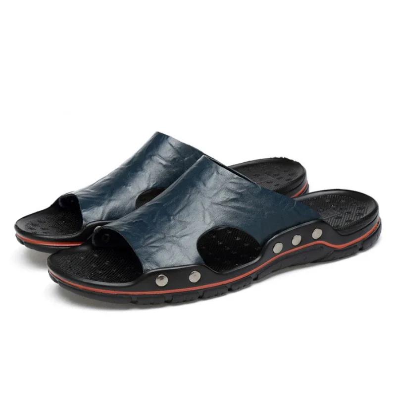 Genuine Leather Slippers Men Big Size Breathable Men Beach Sandals High Quality Outdoor Flip Flops Soft Men Slippers New