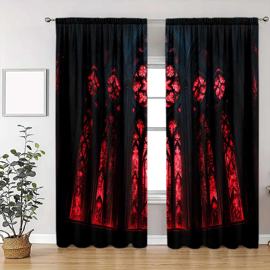 Set Of 2 Gothic Floral Window Curtains Polyester Halloween Decor Home Curtain Light Blocking Made With Rod Pocket
